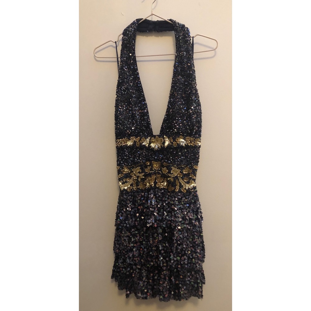 Mini halter beaded blue fit + flare dress Size 8